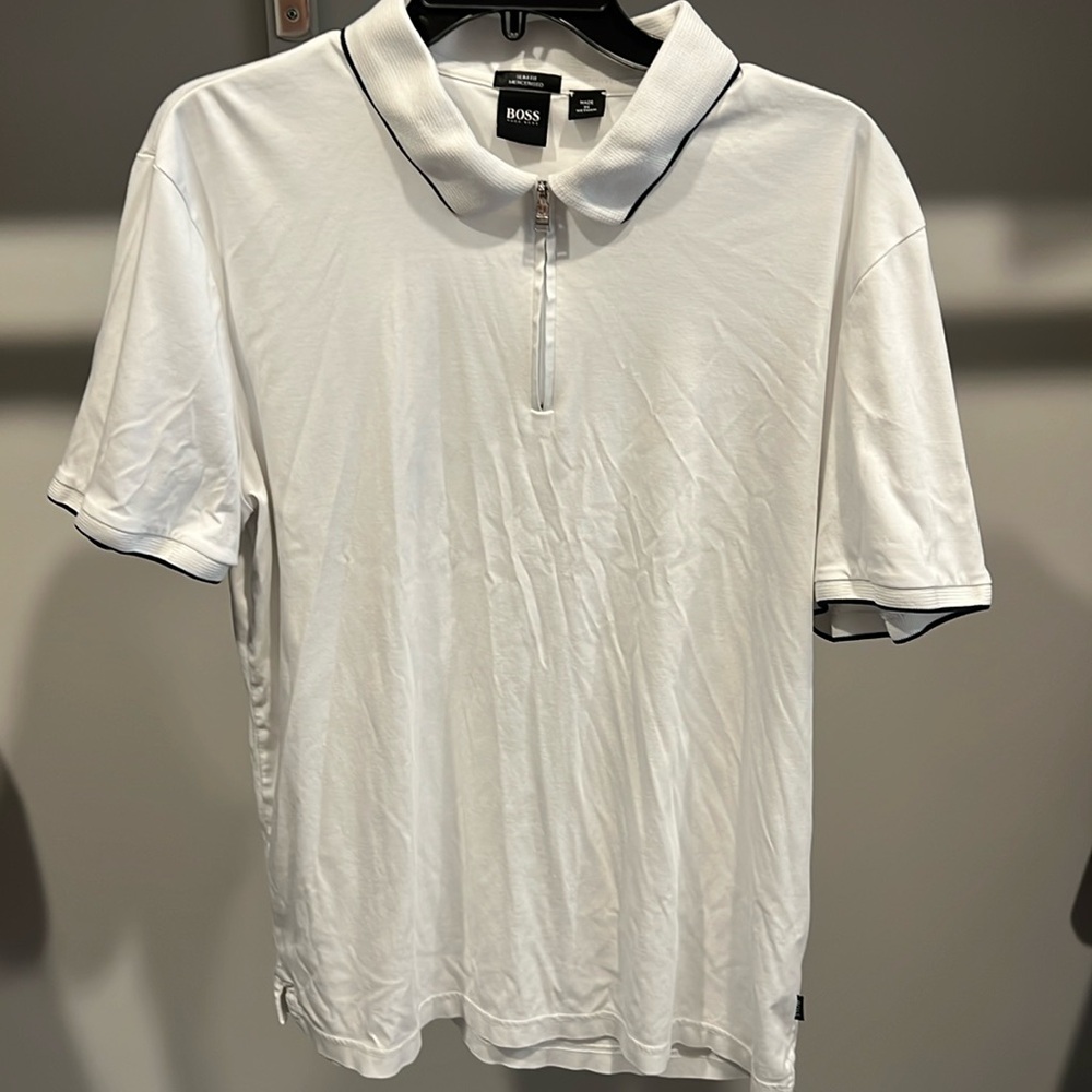 BOSS polo. White with dark blue accent.